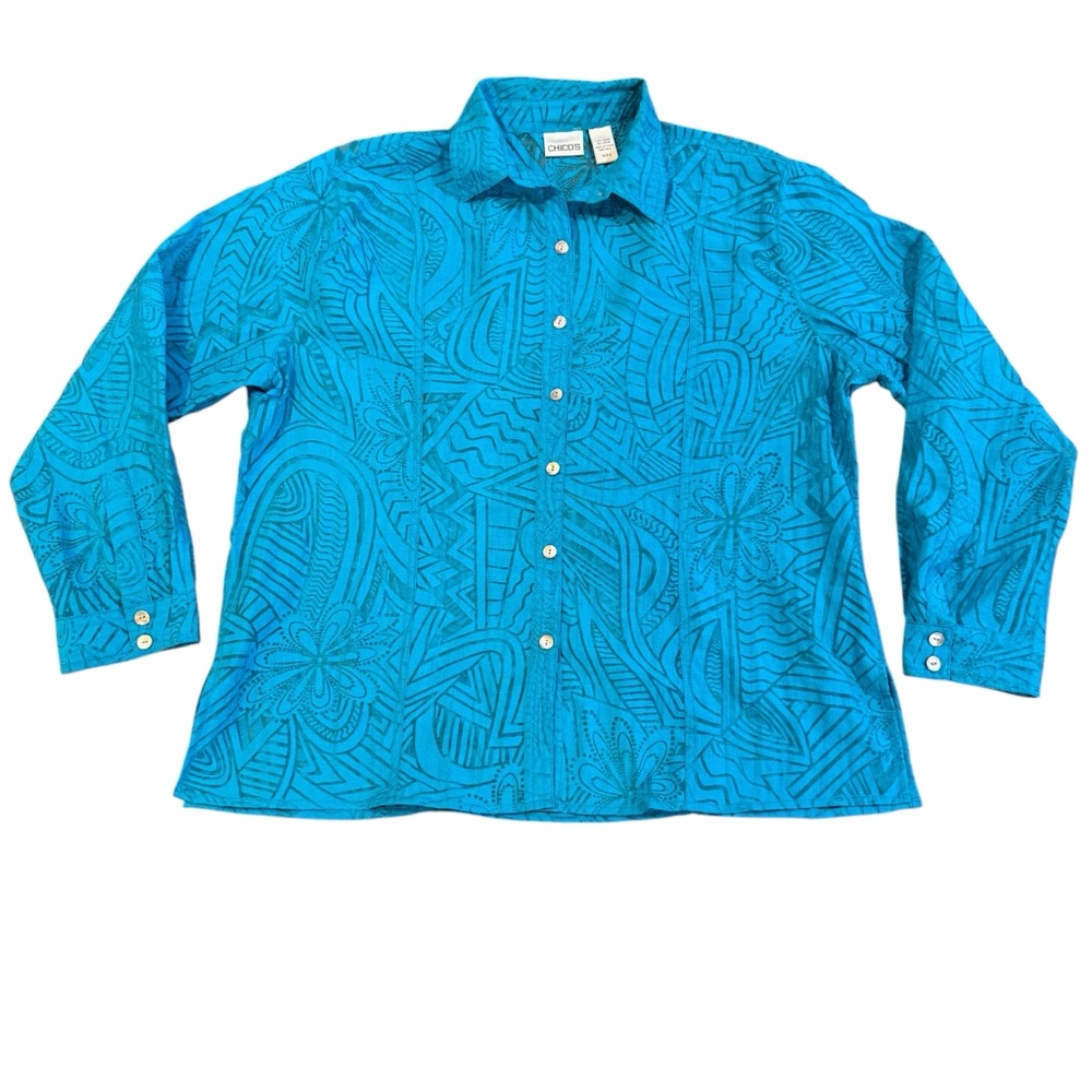 Chico’s Sheer Turquoise Printed Button‎ Front Blouse Size 3 (XL/16) Lightweight